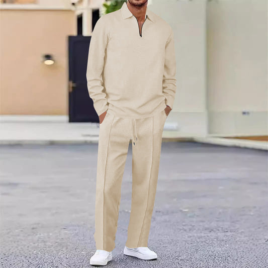 Men's Beige Casual Zipper Pullover Jogging 2Pcs Tracksuits Set