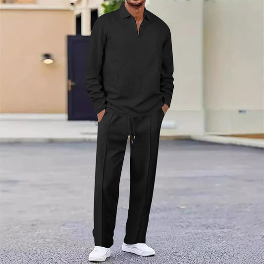Men's Black Casual Zipper Pullover Jogging 2Pcs Tracksuits Set