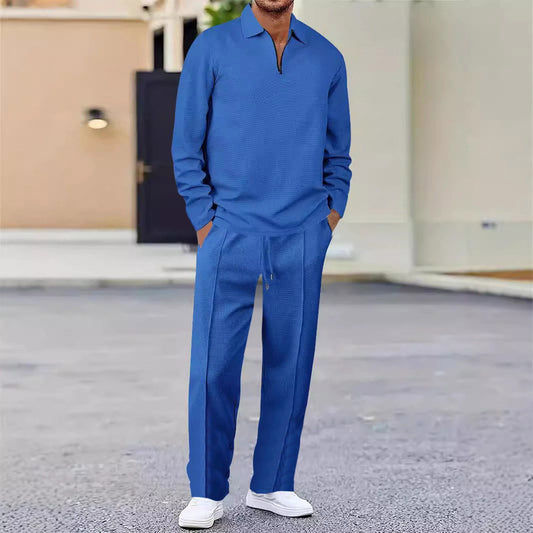 Men's Blue Casual Zipper Pullover Jogging 2Pcs Tracksuits Set